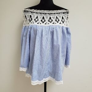 Off the shoulder wide sleeve stripe blouse